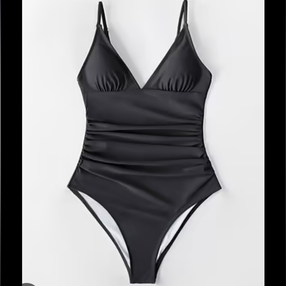 Black Shirring V Neck One Piece Swimsuit